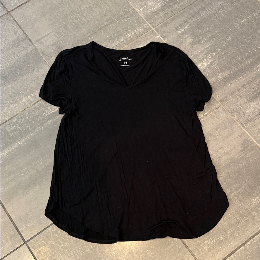 Grace and Lace Black Short Sleeve V-Neck Tee Perfect Pocket